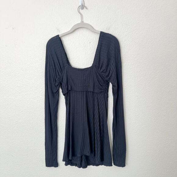 [Free People] Navy Blue Twisted Bust Open Front Slit Long Sleeve Top Sz Medium M - Picture 3 of 11